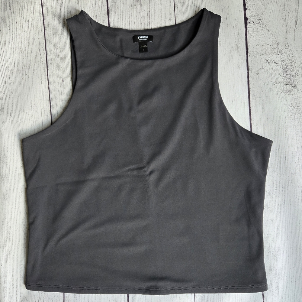 Express Body Countour Double Layer Cropped High Neck Tank - Large - Gray